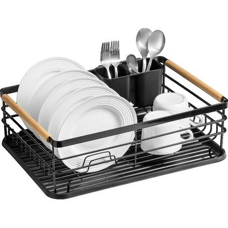 Égouttoir à vaisselle noir en acier inoxydable – Dimensions 43 x 28,5 x 14,5 cm – Bac récupérateur amovible – Style industriel