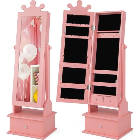 COSTWAY Armadio Gioielli per Bambini con Specchio, Armadietto Portagioie da Terra per Bambini con 3 Cassetti, per Bambini 3+ Anni, Ideale per Camera da Letto (1/5)