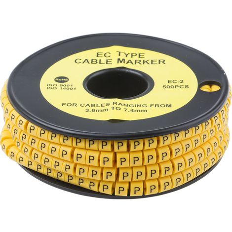 Repère câble , Ø câble 3.6  7.4mm, texte : P, Noir sur Jaune ( Prix pour Bobine de 500 )