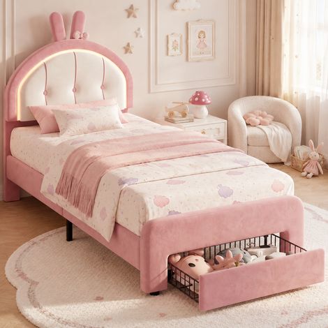 Lit Simple Fille 90x200 cm, Lit Enfant avec LED, Tiroir, Cadre de Lit avec Oreilles de Lapin, Tête de lit Réglable, Sommier à Lattes, pour Filles, Garçons, Velours, Rose (1/5)