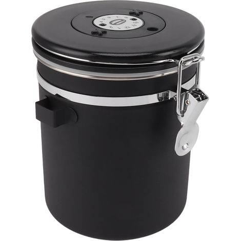 Boîte à café 1,5 L avec dosette, indicateur de date, en acier inoxydable, récipient de conservation hermétique et polyvalent pour la cuisine, noir. (1/5)