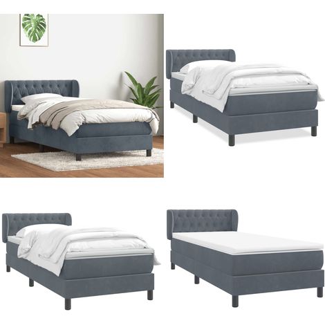 Giroletto a Molle con Materasso Grigio Scuro 80x210 cm Velluto - Materasso a molle insacchettate - Letto con testiera