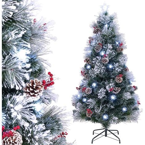 COSTWAY Albero di Natale Innevato 150/180 CM, con Fibra Ottica, 49/63 Luci LED, 8 Modalità di Illuminazione, 170/220 Punte di Rami, Ago di Pino, 18/24 Mazzi di Bacche Rosse e 18/24 Pigne (180 CM) (1/5)