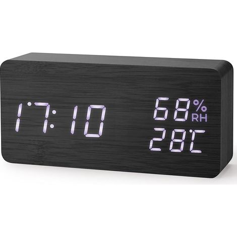 Elektronischer LED-Wecker, digitaler Wecker aus Holz, Temperatur und Luftfeuchtigkeit, Betrieb über USB-Ladeanschluss (schwarz)