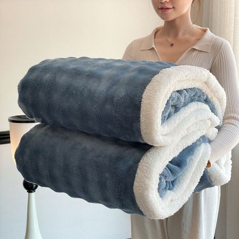 Couverture Épaissie Double Couche Bubble Fleece,150x200cm Plaid Polaire Chaud en Flanelle et Sherpa, Couverture Unie,Bleu (1/5)