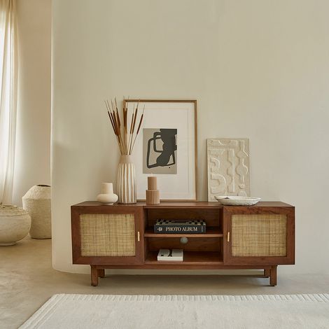 Meuble TV en manguier massif finition noyer et cannage 140 cm (1/5)