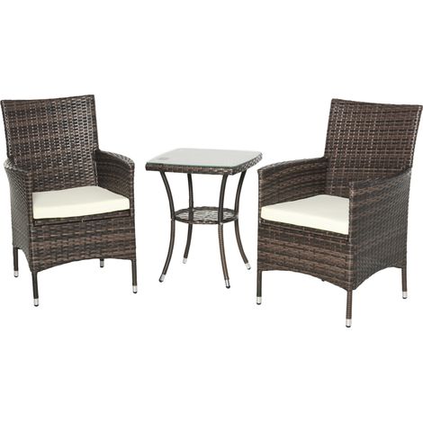 Conjunto de mesa y sillas de bistró de ratán – 3 piezas con asientos cómodos – Marrón – Ideal para jardines pequeños