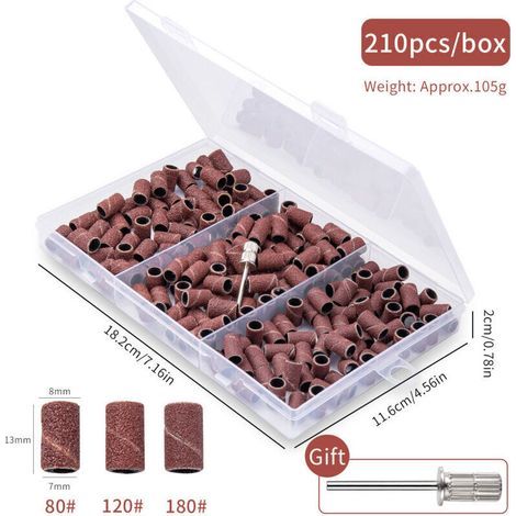 Adattatore per tamburo da 210 pezzi, manicotto abrasivo compatibile con utensili rotanti Dremel, mandrino per trapano per levigatrice, grana 80/120/180, chiodi per ceramica e pietra. (1/4)