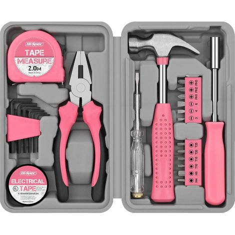 Kit d'outils rose 24 pièces : Mini kit de bricolage pour la maison avec outils à main de base, boîte à outils compacte pour les projets de bricolage féminins et l'usage quotidien. (1/4)