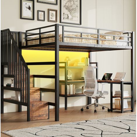 Cama alta moderna de metal negro 140x200 cm con escalera almacenaje, escritorio integrado, estantes, LED y USB