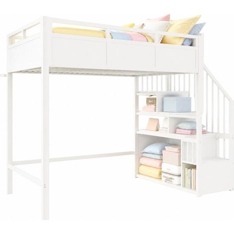 Letto a castello in metallo 90 x 200 cm con scala contenitore montabile a sinistra o destra, LED multicolore e sponde alte di sicurezza, bianco CHICFURN (1/5)