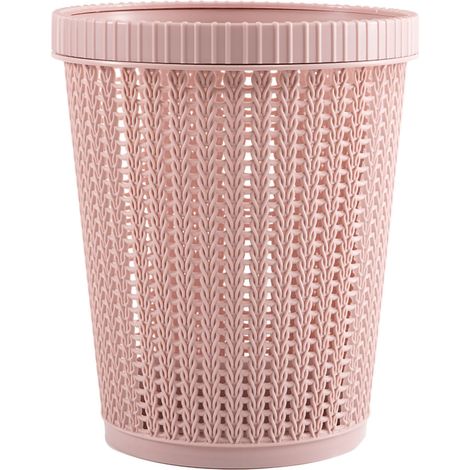 Poubelle de Salon en Plastique Imitation Rotin Sans Couvercle - Panier de Rangement Déchets Rose, Rond pour Maison