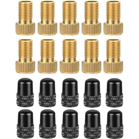 Lot de 10 adaptateurs en laiton pour valves Presta + 10 bouchons de valve Schrader pour vélo Presta vers Schrader AV - Adaptateur de valve de vélo (1/4)