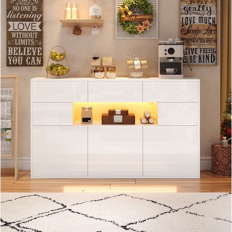 Aparador 140x30x82 cm blanco en MDF con 3 cajones, 5 puertas y LED (1/5)