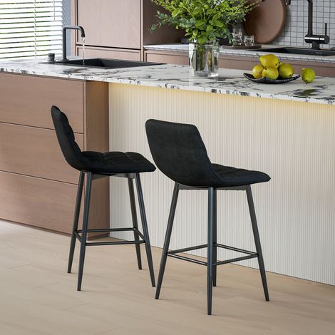 Lot de 2 tabourets hauts de style nordique avec dossier et repose-pieds, tabourets avec dossier en velours et tissu métallique, noir