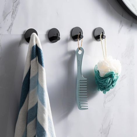 Crochet Adhesif Mural Noir 4 Pièces, Patere Salle de Bain en Acier Inoxydable, Porte Manteau Adhésif pour Cuisine Salle de Bain Chambre à Coucher (1/5)