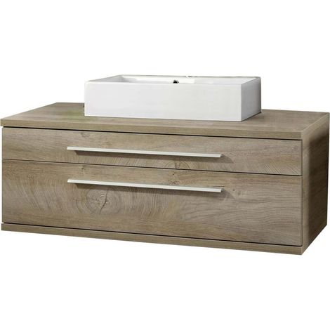 FACKELMANN STANFORD Badmöbel Set 2 Teile / Keramik Waschbecken / Waschbeckenunterschrank mit 2 Schubladen / Soft-Close-System / hochwertiger Badschrank / Korpus & Front: Braun hell / Breite: 110 cm"-" (1/4)