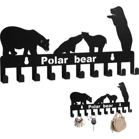 Lntyq Porte Manteau Mural, Accroche Clef Mural Avec 10 Crochets Patere Clé Murale Design Ours Polaire Décoration Muraux en Métal Patère Pour Entrée Couloir Chambre, Noir (1/5)