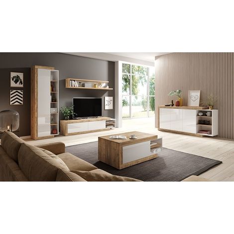 Meublorama – Ensemble de 5 meubles de salon – Vitrine, meuble TV, buffet, table basse, étagère – Couleur chêne et blanc brillant – Panneaux MDF de qualité (1/5)