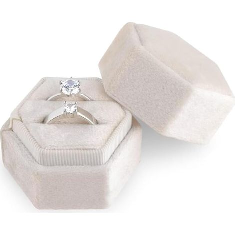 Écrin à Bagues en Velours Beige,Boîte à Bijoux Hexagonale à Double Fente pour Fiançailles/Mariage - Présentoir Élégant pour 2 Bagues - Cadeau Saint Valentin, Cérémonie, Proposition (1/5)