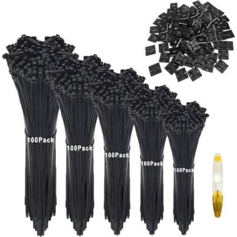 500 Pièce Attaches de Câble 100/150/200/250/300mm, Colliers Nylon de Serrage, Utilisé pour les fils intérieurs et extérieurs, les outils, la finition du jardin + 50 Pcs Embases Adhesive, Noir
