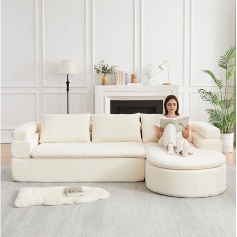 Divano angolare 3 posti con chaise longue, design a gradini, tessuto ciniglia per soggiorno e ufficio - beige (1/5)