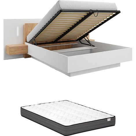 Lit coffre avec chevets 160 x 200 cm - 2 tiroirs - Avec LEDs - Coloris : Blanc et naturel + Matelas - FRANCOLI
