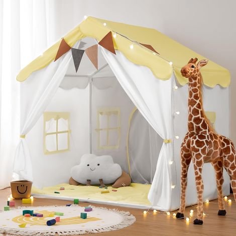 Tente Enfant 2 en1, Cabane Enfant Intérieure avec Tapis Rembourré, Lumières et Drapeaux, Tente de Jeu pour Enfants Princesse, Idéal pour la Décoration de Chambre d'enfants et Fête (Jaune) (1/5)