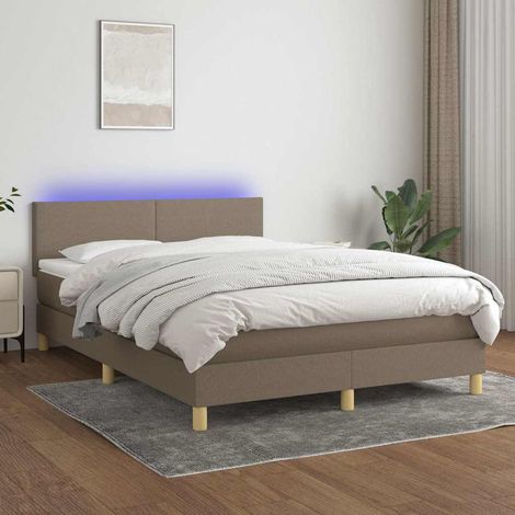 Cama box spring colchón y luces LED tela gris taupe 140x190 cm (1/5)
