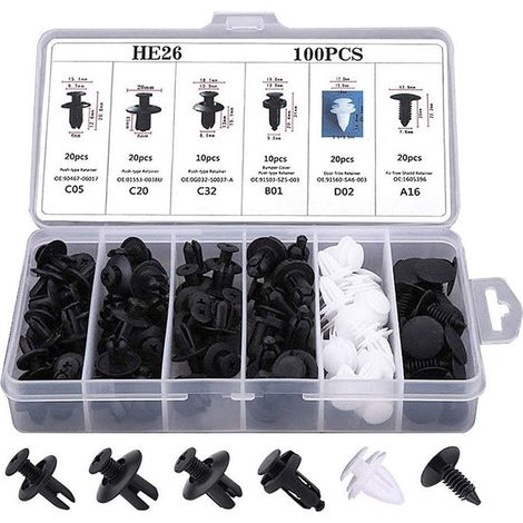 Lot de 100 rivets de fixation pour garde-boue de voiture - 6 tailles - En nylon - Pour pare-chocs et jupes latérales (1/5)