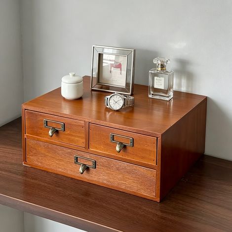 Wooden 3 Drawer Desktop Organiser, Multi-Purpose Cosmetic & Jewellery Storage Box 34.5×32×15cm, Compact Desk Tidy Unit for Bedroom, Dorm & Home Office (1/5)