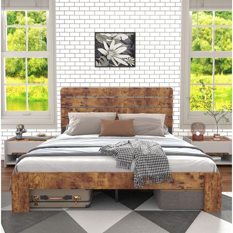 Cama MDF y metal marrón 140x200 cm con somier de lamas de hierro y cabecero alto (1/5)