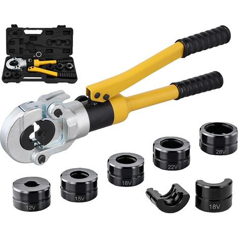 Alicates de crimpado, de acero resistente, con mordazas de 12 mm a 28 mm, presión máxima de 100 kN, mango ergonómico antideslizante, versátiles para tuberías de cobre y acero inoxidable. (1/5)