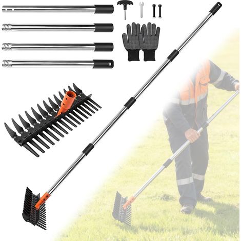 Garden Rake with Adjustable Handle 75 cm/110 cm/145 cm, Manual Lawn Scarifier, Leaf Rake, Telescopic Weed Rake, Manual Weed Rake with Long Handle (1/5)