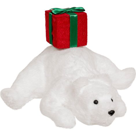 Déco Noël Ours Blanc couché avec paquet cadeau H 38 cm - Feeric Christmas (1/3)