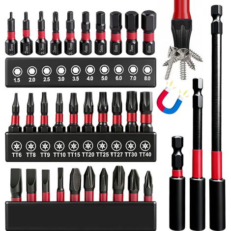 Lot de 33 porte-embouts avec extension d'embout de 60/100/150 mm, embouts Allen/embouts Torx / embouts combinés fabriqués en acier S2 avec tige hexagonale de 1/4", convient pour visseuse à percussion (1/5)