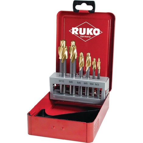 Set di svasatori DIN 373 M3-M10 per foro centrale filettato Cassetta metallica HSS TiN Z.3 RUKO