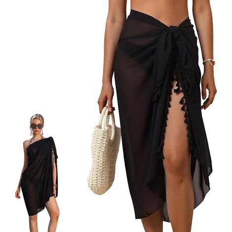 1 pièce - Paréo de plage - Cache-maillot - Paréo femme - Cache-bikini - Écharpe - Avec pompons - Noir - 110 x 180 cm - Idéal pour la plage, la piscine, les croisières, les voyages, les vacances et les (1/4)