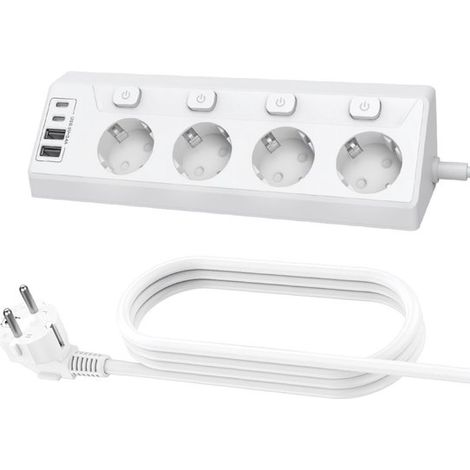Ecksteckdose mit vier Steckdosen,darunter zwei USB-A-Anschlüsse und zwei USB-C-Anschlüsse,4000 Watt,1,5 Meter Kabel,separater Schalter,weiß (1/3)