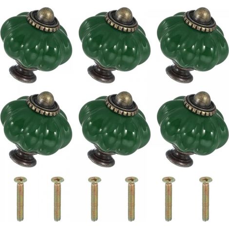 Boutons en céramique vert foncé, 3,33,33,8 cm, 6 pièces avec vis, boutons et poignées de tiroir d'armoire en céramique en forme de citrouille. (1/5)