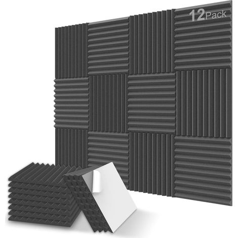 Panneaux de mousse acoustique, 12 paquets 12x12x 1 Inch / 2.5 X 30 X 30cm Panneaux muraux insonorisés auto-adhésifs pour la maison, le bureau et le studio (noir) (1/5)