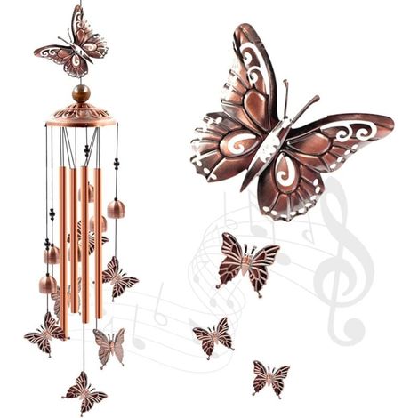 Carillon éolien d'extérieur, vente de liquidation, carillon éolien tubulaire en aluminium avec papillons et crochet en S, décoration de patio ou de jardin, cadeau de pendaison de crémaillère. (1/4)