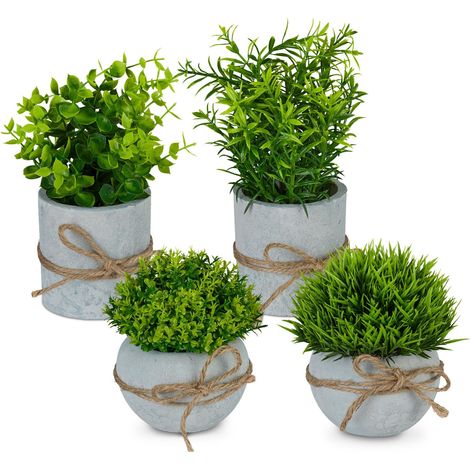 Plante Artificielle en Plastique, Lot de 4, détails réalistes, Pot en Pierre, romarin, buis, Herbe, Vert/Gris (1/5)