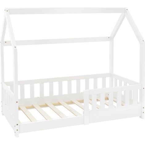 ML-Design Cama Infantil Casa Blanca 70x140 cm de Madera de Pino con Protección Anticaída, Techo y Somier Estructura de Listones, Cuna de Suelo Maciza, Lecho Casita de Juego para Niño y Bebé (1/5)
