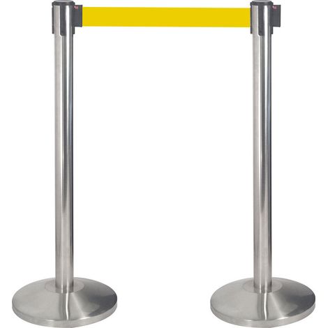 2 Colonnine Tendinastro 3 metri in Acciaio Inox Spazzolato Ø36x101 cm Nastro Giallo (1/5)