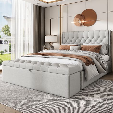 MEUBLIV Sitzbank mit Stauraum 141 x 41,5 x 42 cm hellgrau – gepolstert, ohne Matratze (1/5)