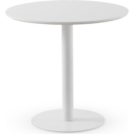 Table en mélamine blanche, diamètre 80 cm, piètement central en métal blanc (1/4)