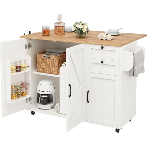 Îlot de cuisine blanc avec plateau rabattable, desserte de cuisine à roulettes et rangements pour petite cuisine, salle à manger ou studio (1/5)