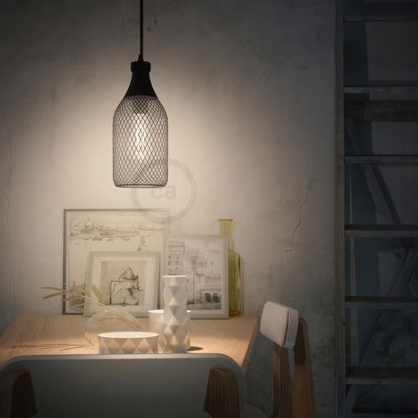 Lampada a sospensione Made in Italy completa di cavo tessile, paralume bottiglia Jéroboam e finiture in metallo  Con lampadina - Nero - Matter ON/OFF