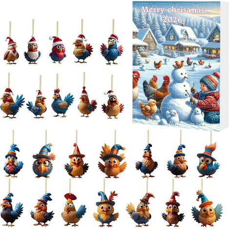 Adventskalender mit 24 Überraschungsfächern – Acryl-Anhänger in Form eines Hahns für den Weihnachtsbaum (1/5)